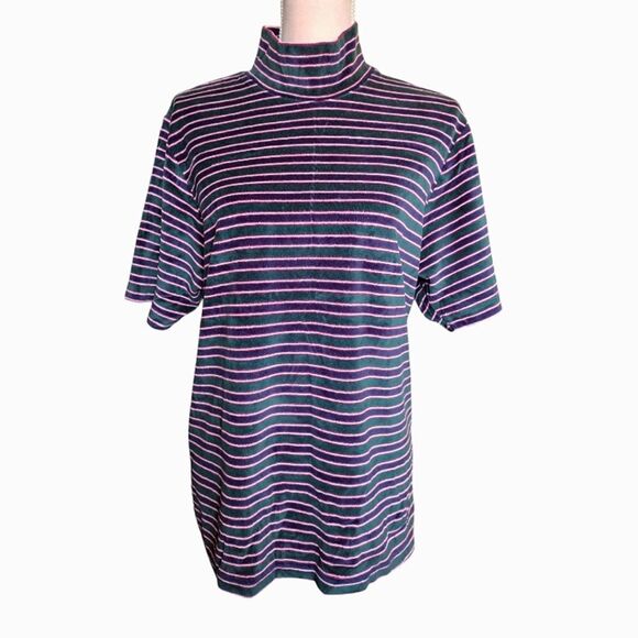 VTG 90s Green Blue Velvet Striped Short Sleeve Mock Top Plussize 18/ 20 - Picture 4 of 11